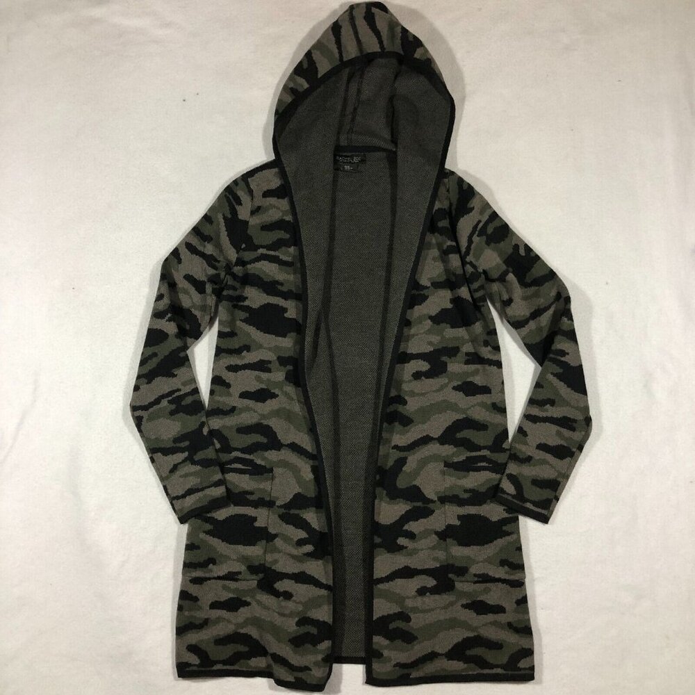 Rachel Zoe Sweater Womens XS Camo Camouflage Open Front Cardigan Knit Hood Green